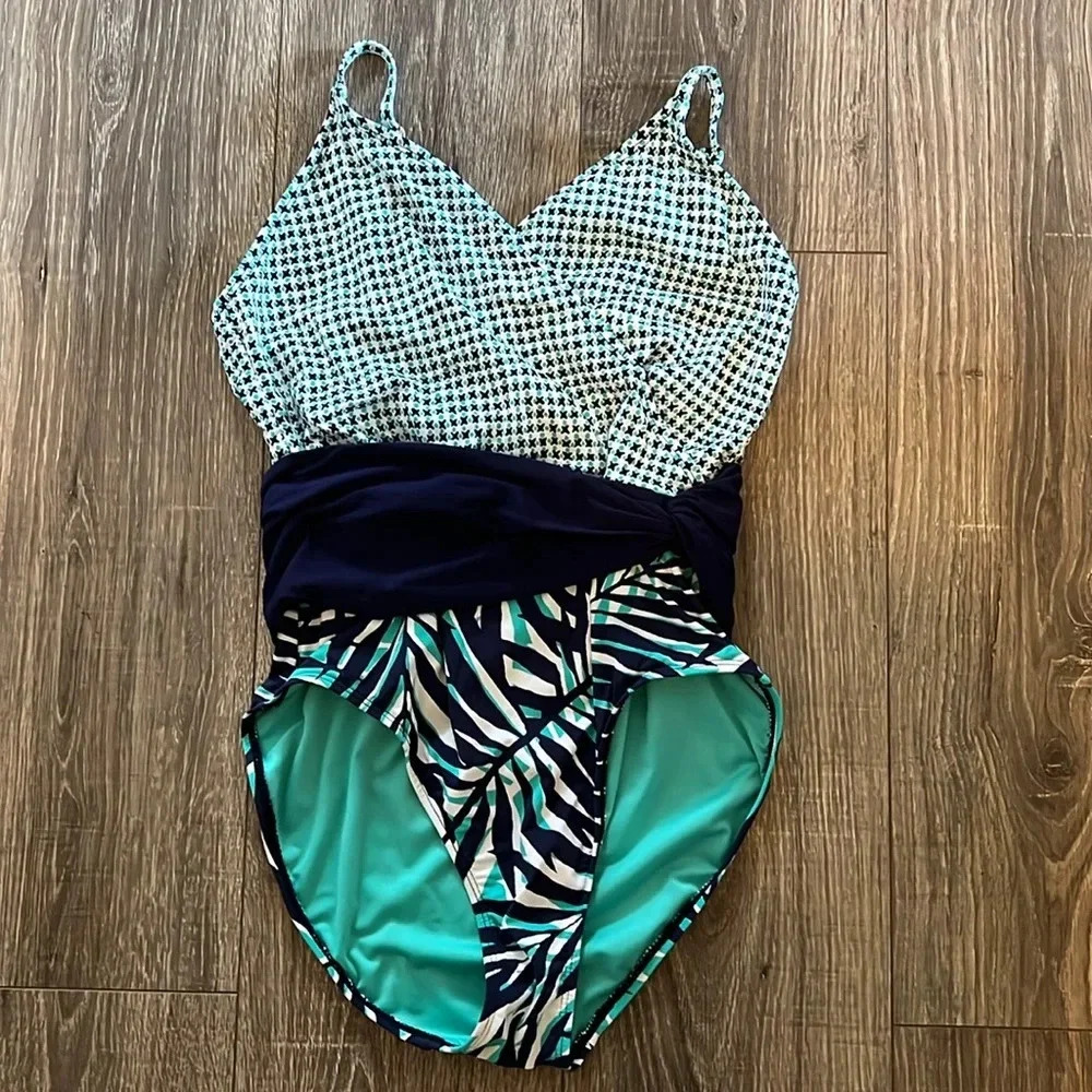 Anne Cole Green & Purple Wrap Waist One Piece Swimsuit. Size 12.